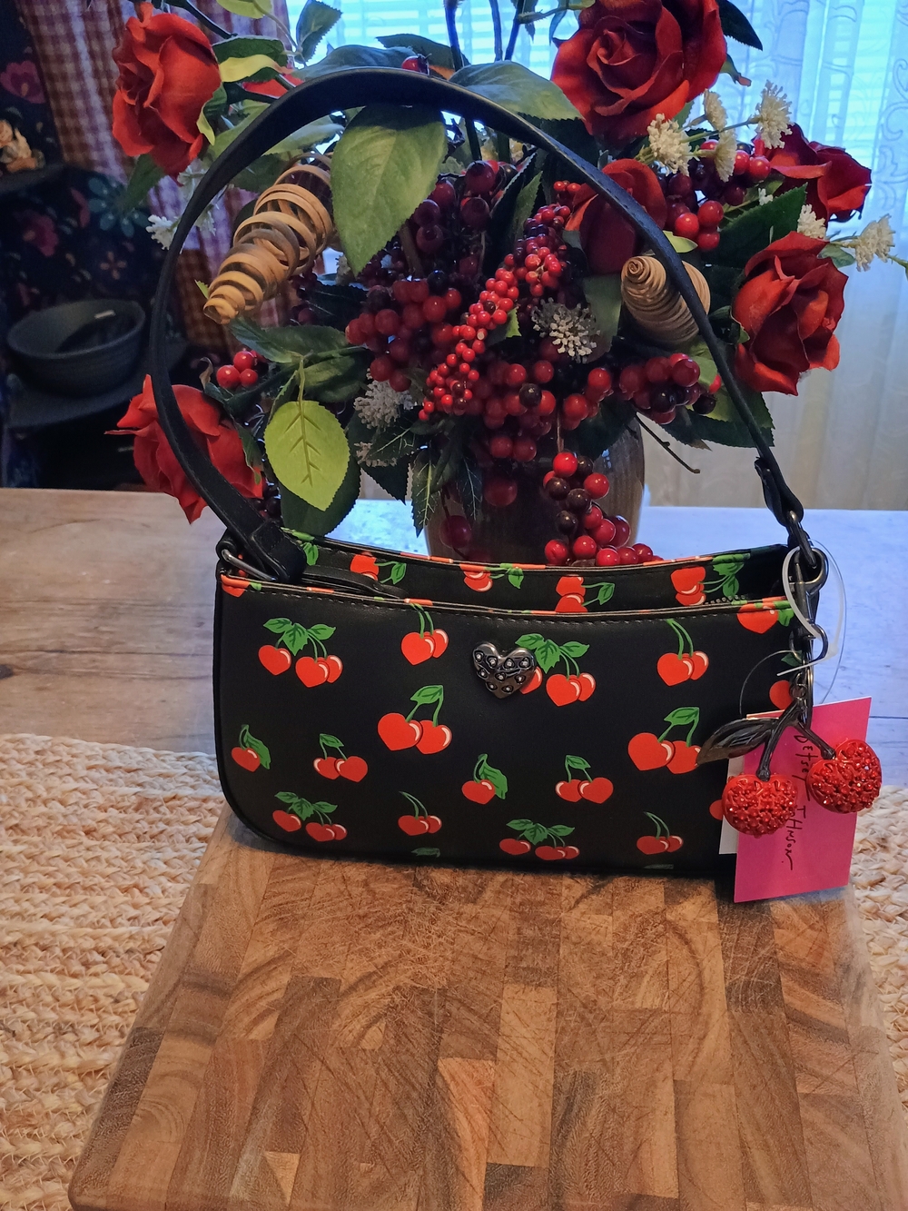 Betsey Johnson Cherry Print Shoulder Bag - Black